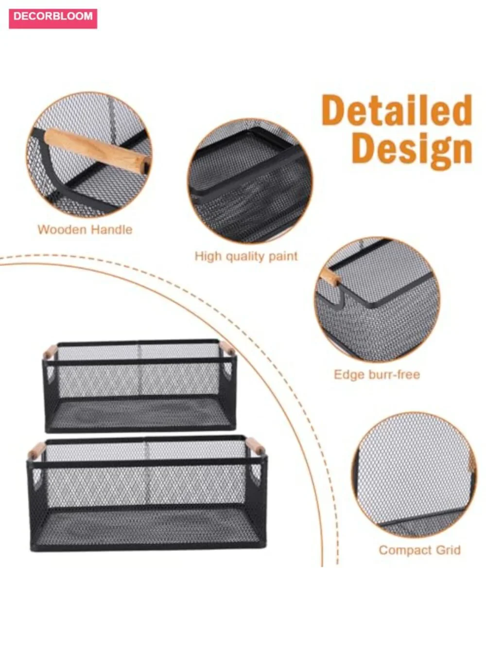 2-Piece Metal Mesh Storage Basket Set with Wood Handles Ventilated Kitchen